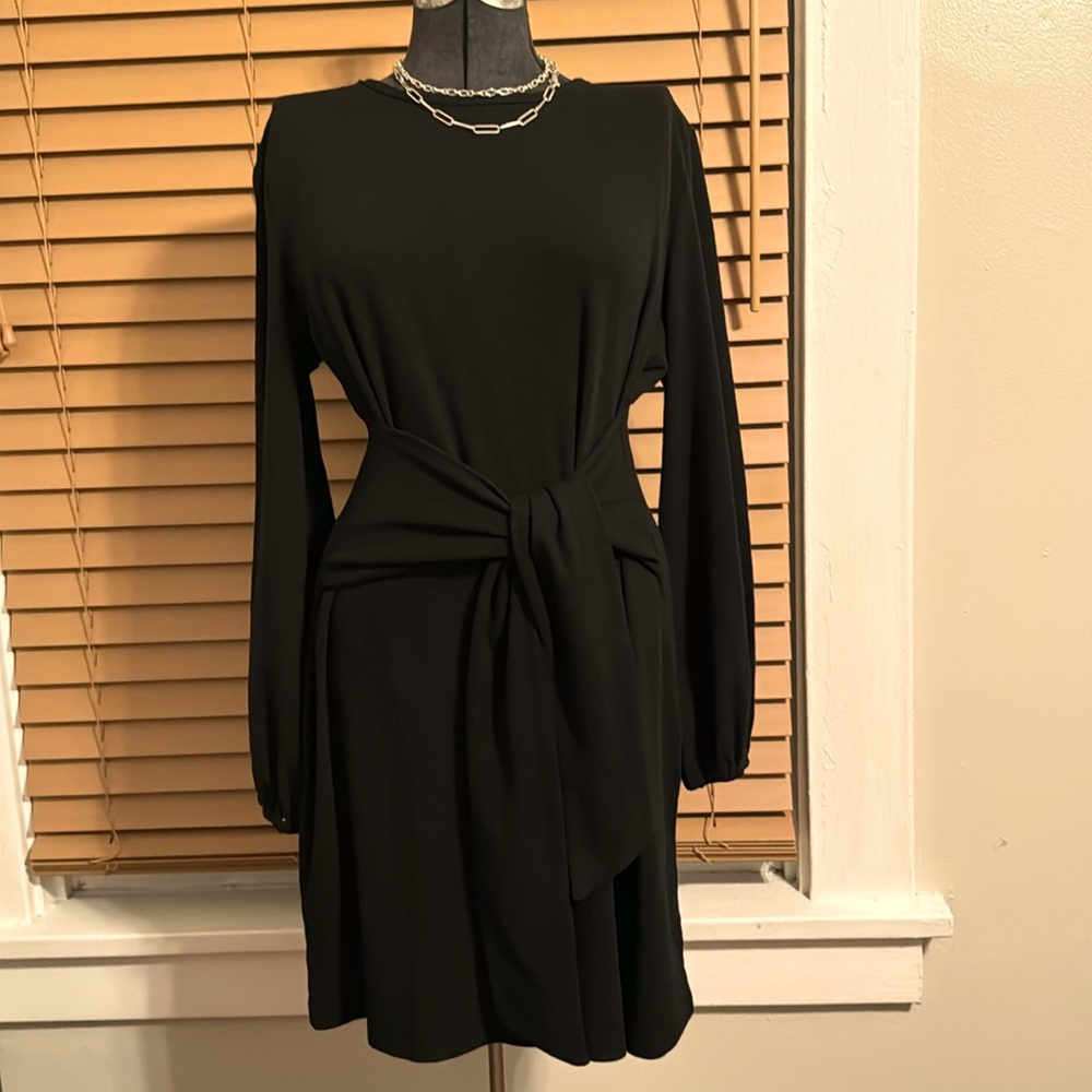 Long Lantern Sleeve, Crewneck, Tie-Waist, Knit, Short Cocktail Dress